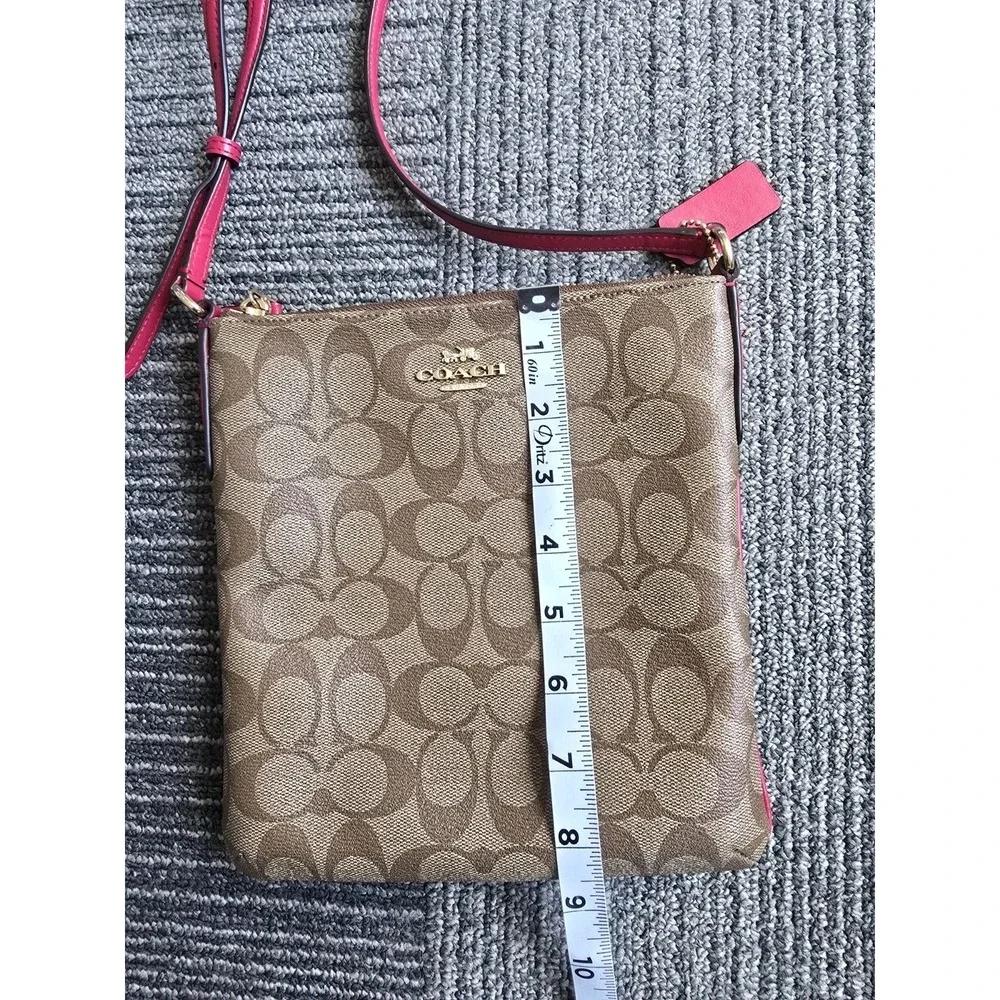 Coach North South Crossbody Bag Signature Canvas Khaki Bright Pink F58309 NEW